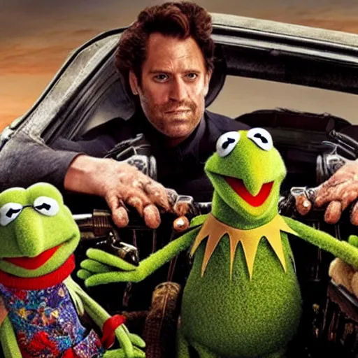 Image similar to the Muppets: mad max, lots of guns, photo