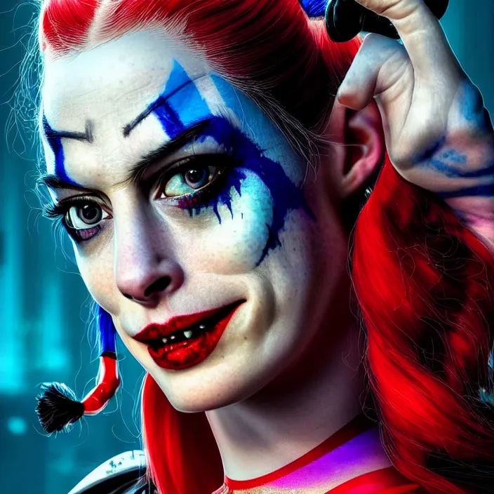 Image similar to portrait of Anne Hathaway as a harley quinn in Suicide Squad. intricate abstract. intricate artwork. by Tooth Wu, wlop, beeple, dan mumford. octane render, trending on artstation, greg rutkowski very coherent symmetrical artwork. cinematic, hyper realism, high detail, octane render, 8k, iridescent accents