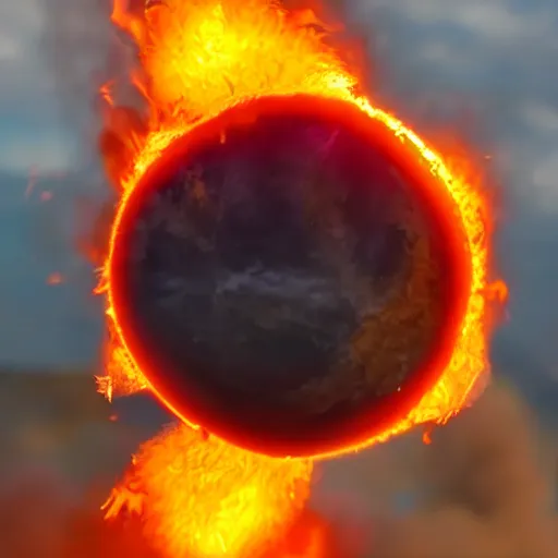 Image similar to red hot burning sphere embedded in fireball explosion with fire, 4 k