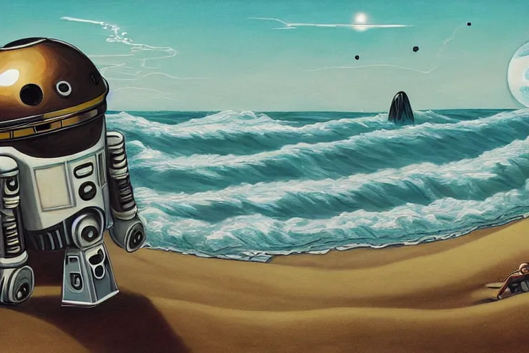 Prompt: surreal painting by chesley bonestelll!!, an astronaut sitting in the sand + ocean with big waves + long grass + broken droid + planets and stars + mystic fog, 5 0's vintage sci - fi style, rule of third!!!!, line art, 8 k, super detailed, high quality