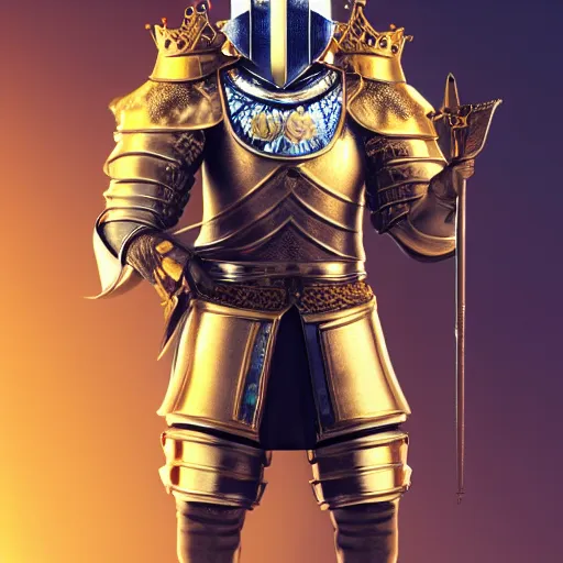 Prompt: a highly detailed knight in a T golden helmet and a golden crown with a blue diamond in the center of the crown, golden armor, leather clothes under the armor, leather gloves, holds a black sword, artstation, DeviantArt, professional, octane render, sunset lighting