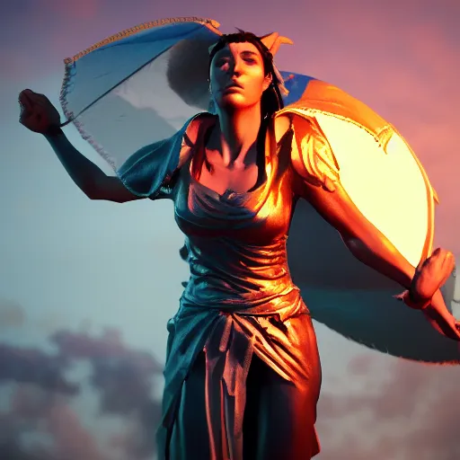 Image similar to powerful godess fighting in a hard battle against evil realistic sunset light rainy award winning, trending on artstation, unreal engine