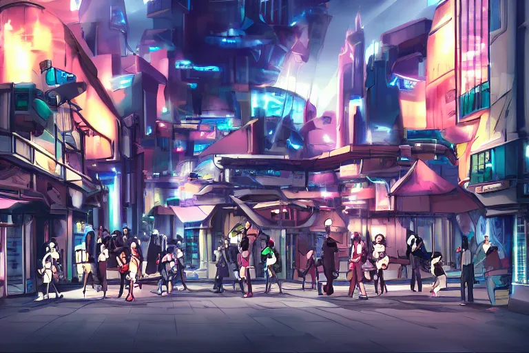 Image similar to futuristic city street with people fighting, anime