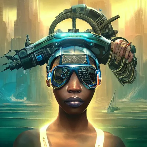 Image similar to african hydropunk bounty hunter, science fiction, highly detailed, digital painting, beautiful eyes, symmetry, concept art, sharp focus, illustration, global illumination, radiant light, synthwave colors, detailed and intricate environment, art by artgerm and greg rutkowski and magali villeneuve and ilya kuvshinov!