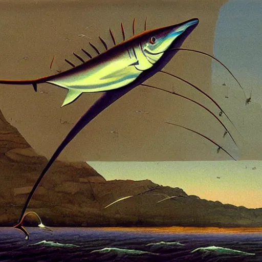 Prompt: swordfish will be our new overlords when the levees break, a dystopian jean dupas painting