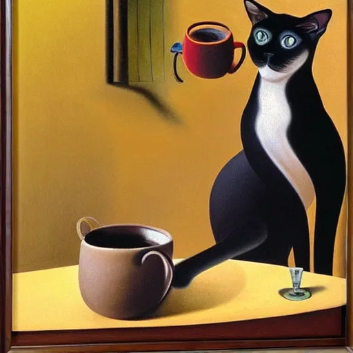 Image similar to A portrait of a siamese cat with long neck drinking coffee, oil painting by Salvador Dali