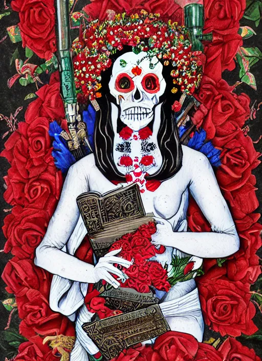 Image similar to masterpiece of Santa muerte with a book in her hand and surrounded by red and white flowers guns and ammunitions offered by devotees, no crop, digital visionary art, extremely high detail, post processed,