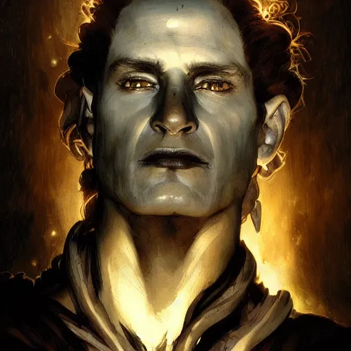 Image similar to ''face portrait of hades from greek mythology half covered by shadows, black shadows, greece, fantasy, dungeons and dragons, d & d, digital painting, artstation, concept art, sharp focus, illustration, art by greg rutkowski and alphonse mucha''