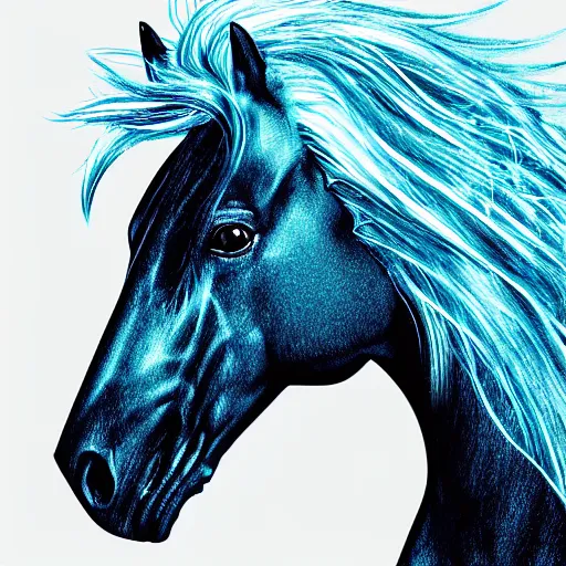 Prompt: digital horse, flowing mane, retrowave palette, highly detailed, anatomically correct equine, synth feel, smooth face, horse whiskers, no reins, super realism, 4 k, digital art