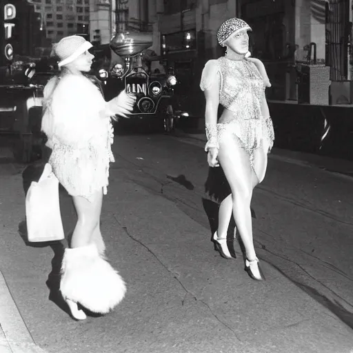 Image similar to 1920s photo of Mariah Carey and Beyonce walking down 5th Avenue