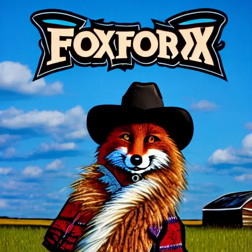 Image similar to a female fluffy anthropomorphic fox animal, head of fox, wearing cowboy hat, wearing plaid shirt, playing guitar, in a field, barn in background, album cover style