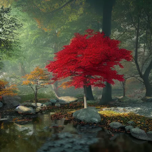 Prompt: cozy tang dynasty shrine in a maple forest during autum, red leaves, award winning fantasy concept art, high octane render, 8k resolution, high definition