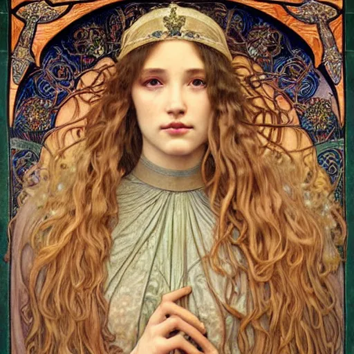 Image similar to detailed realistic beautiful young medieval queen face portrait by jean delville, alphonse mucha, and marco mazzoni, art nouveau, symbolist, visionary, gothic, pre - raphaelite