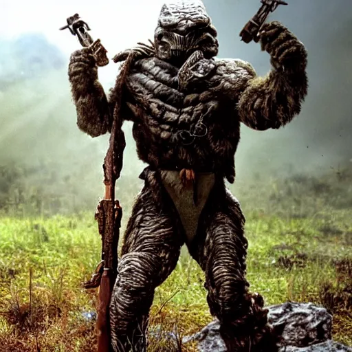 Image similar to cinematic, 4 k, full body portrait, rock golem as a soldier smoking a cigarette, still from the movie predator, starship troopers