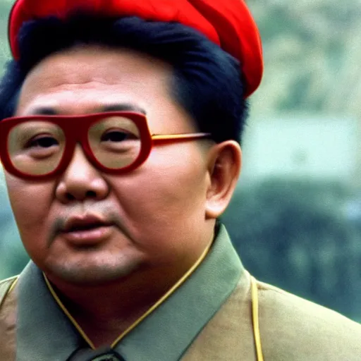 Image similar to filmstill of Kim Jong-il wearing a red bandana and aiming an arc in the role of Rambo, cinemascope, Eastman Color Negative 50T 5251 Neg. Film