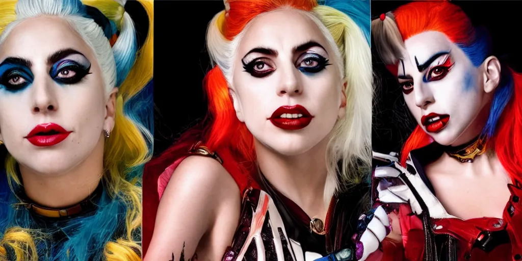 Prompt: lady gaga is harley quinn, volumetric lighting, beautiful, golden hour, sharp focus, ultra detailed, octane