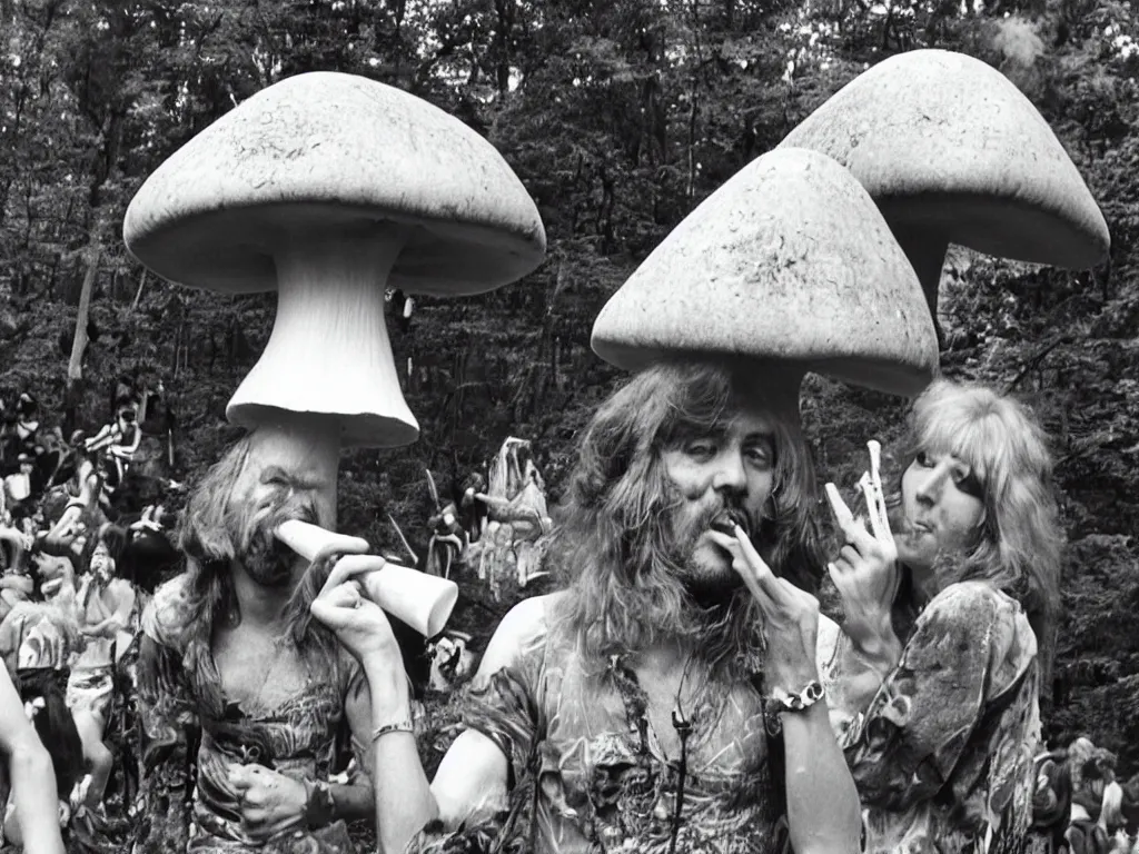 Prompt: 70s photo of giant mushroom smoking a joint at trippy psychedelic hippy festival Woodstock