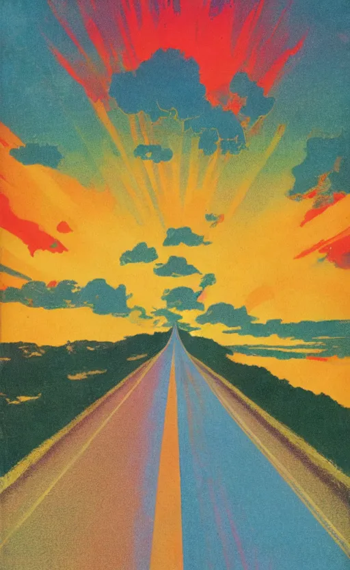 Prompt: paperback book cover. 1 9 7 0 s. pure colors, melting clouds, accurately drawn details, a sunburst above a receding road with the light reflected in furrows and ruts, after rain. and no girls.