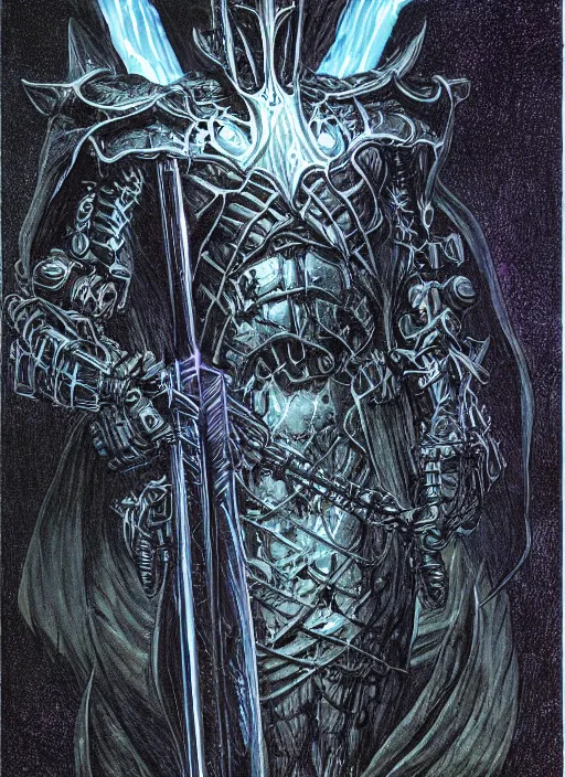 Image similar to demon knight in eldritch armor, blacklight poster on black paper, beautifully symmetrical, high detail render, by bernie wrightson greg rutowsk james jean