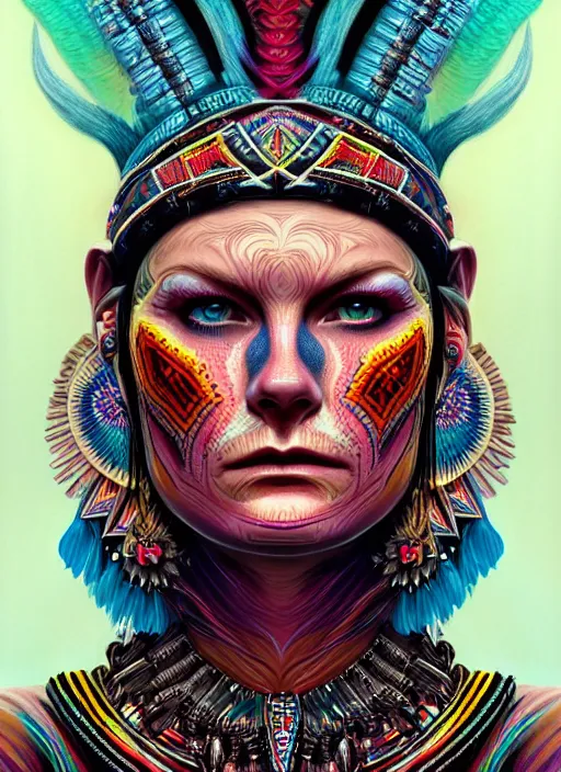 Image similar to portrait of kirsten dunst, hyper detailed ultra sharp aztec shaman warrior. trending on artstation, warpaint aesthetic, bloodwave, colorful, psychedelic, ornate, intricate, digital painting, concept art, smooth, sharp focus, illustration, art by artgerm and greg rutkowski and h. r. giger, 8 k