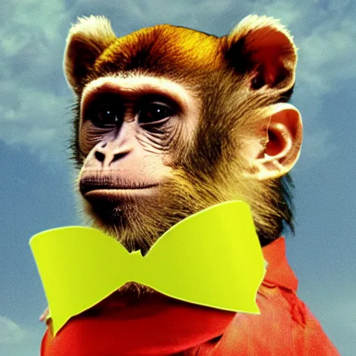 Prompt: Monkey wearing a silk scarf, still from a 90s movie