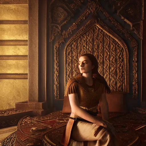 Image similar to the elder scrolls vi, charismatic regal brunette female jarl, portrait, throne room, atmospheric lighting, painted, intricate, volumetric lighting, beautiful, daytime, sunny weather, slight overcast, sharp focus, deep colours, ultra detailed, by leesha hannigan, ross tran, thierry doizon, kai carpenter, ignacio fernandez rios