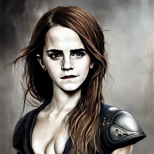 Image similar to full body drawing of emma watson wearing a knight armor, beautiful piercing eyes, hyper realistic face, in the style of greg rutkowski, fantasy, amazing detail, epic, elegant, smooth