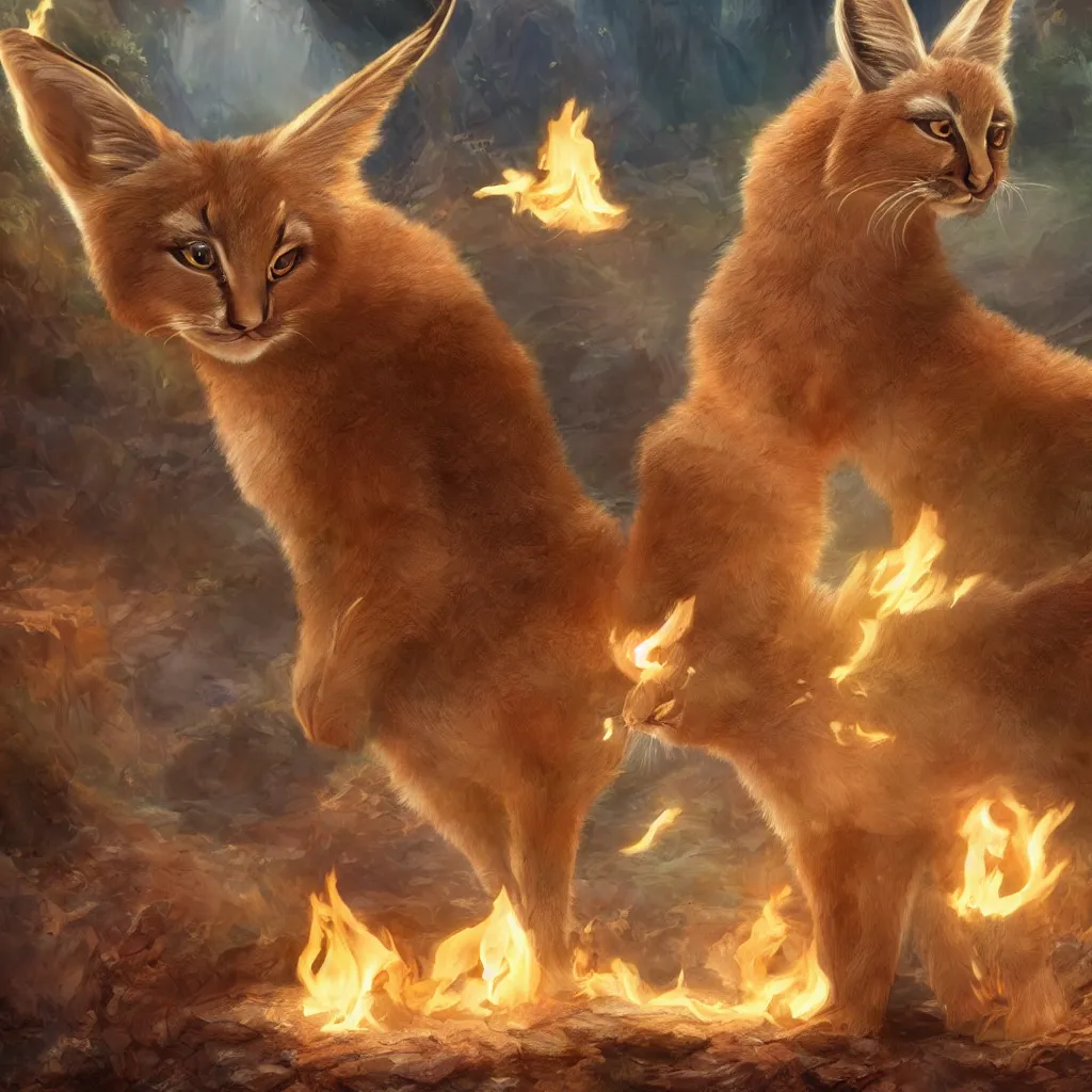 Prompt: many cute fluffy caracals, fire, magic, fantasy epic legends stylized digital illustration radiating a glowing aura global illumination ray tracing hdr fanart arstation, 8 k