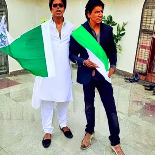 Prompt: of shahrukh khan with pakistani flag and looking very happy