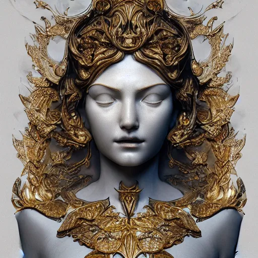 Prompt: Ultra detailed 3d render Macro of a marble statue, beautiful woman face, symmetrical composition, intricate thin details in gold, By James Jean and Tom Bagshaw and Victo Ngai and Craig Mullins, fantasy flowers and leaves, octane render, 8k, high quality, volumetric lighting, color grading