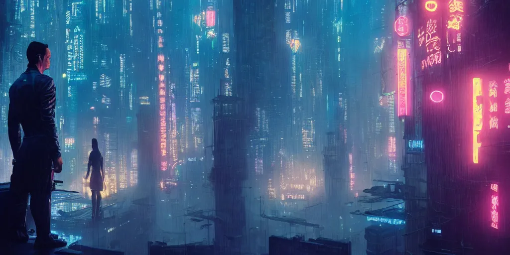 Image similar to jamie chung altered carbon 2 0 1 8 blade runner movie still look at the cityscape from roof matrix perfect face fine realistic face pretty face neon puffy jacket blue unicorn futuristic sci - fi elegant by denis villeneuve tom anders zorn hans dragan bibin thoma greg rutkowski ismail inceoglu illustrated sand storm alphonse mucha