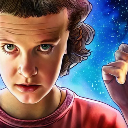 Prompt: Eleven from Stranger Things using her powers on the Statue of Liberty HD hyper detailed photorealistic