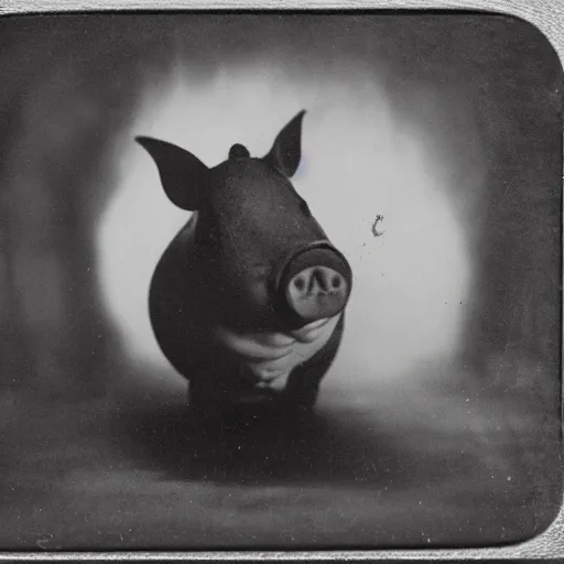 Prompt: tintype photo, swimming deep underwater, alien pig