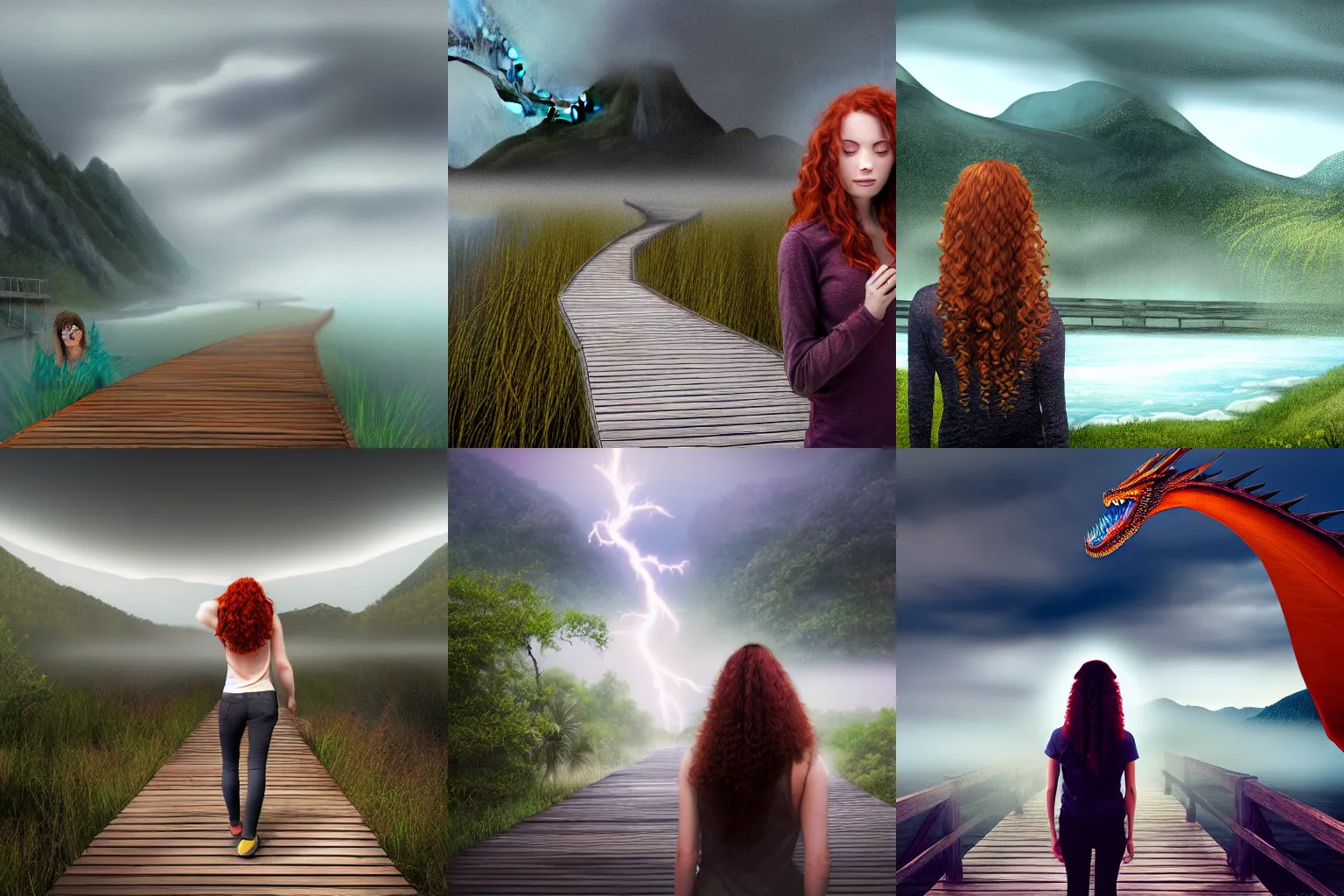 Prompt: a realistic digital painting of a woman with curly long redhair standing in a boardwalk besides a river looking at a dragon flying out of the mountains in a fog during a thunderous weather