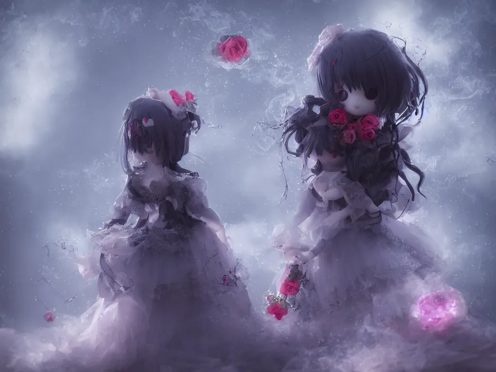 Image similar to cute fumo plush of a gothic maiden girl clutching lots of decayed roses, stale twilight, swirling vortices of emissive smoke and volumetric fog over the river, bokeh, vignette, vray