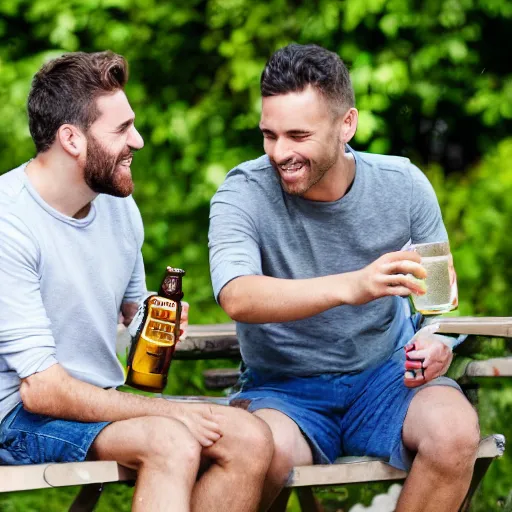 Prompt: 2 mates drinking beer in garden