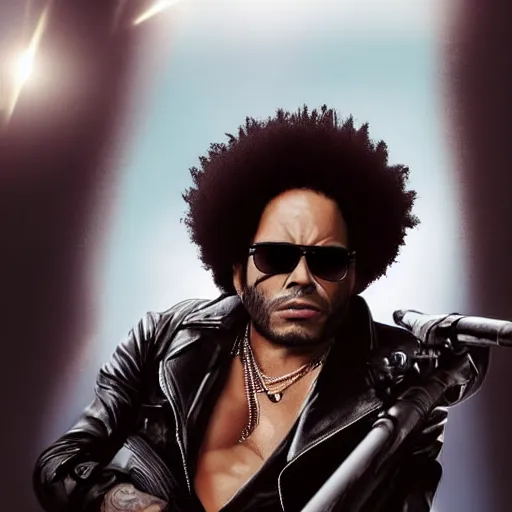 Image similar to lenny kravitz ( with accurate face ) as men in black agent fighting aliens, dynamic movie still, detailed 8 k photorealistic portrait, imdb poster style