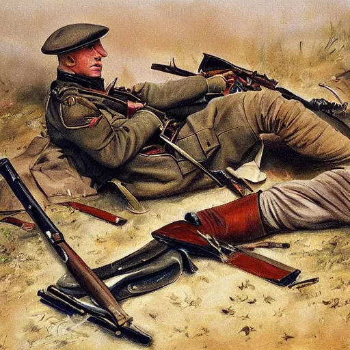 Image similar to a beautiful extremely complex painting of a german army in ww 1 lying down and his weapon next to him the army is tired of the war digital painting