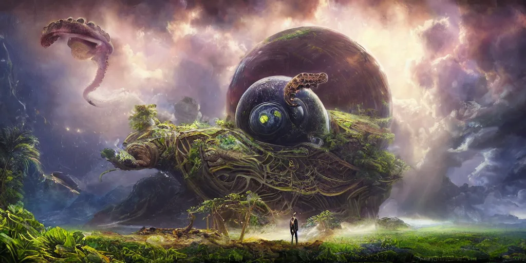 Image similar to fantasy oil painting, klattu's spacecraft, outer worlds, great leviathan, turtle cephalopod terrapin reptilian pachyderm amphibian hybrid, rainforest mountains, lush plants flowers, epic natural light, bright clouds, luminous sky, bright cinematic key lighting, michael cheval, michael whelan, vray, 8 k hd