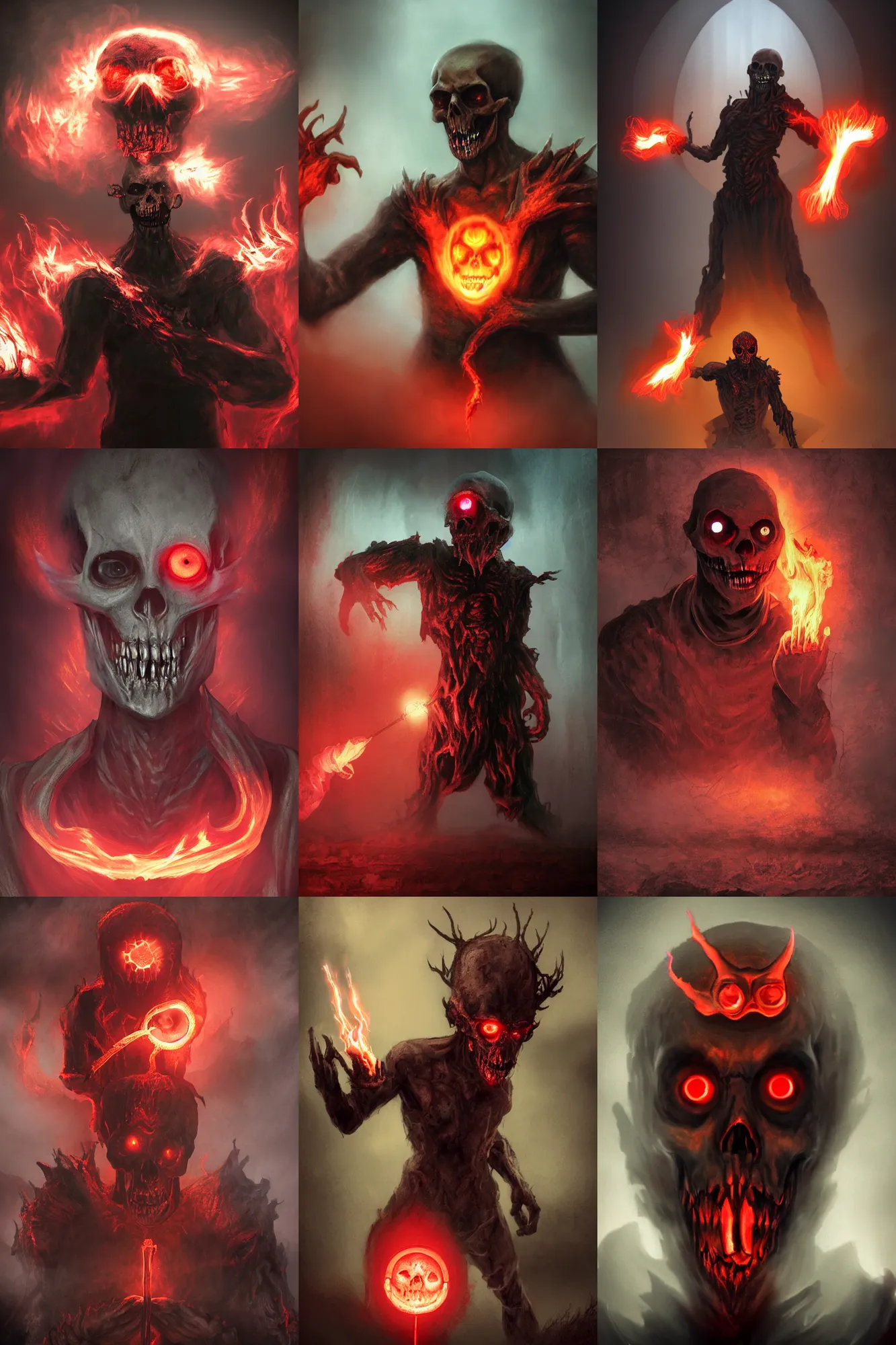 Prompt: a matte painting character portrait of a humanoid demonic monster with glowing fire eyes and a skull face with a glowing mouth doing a henshin pose, dramatic lighting, digital painting, concept art, muted colors, red colors, mist floats in the air, moody colors, rusted walls, broken pipes, church cathedral, in the style of frank frazetta