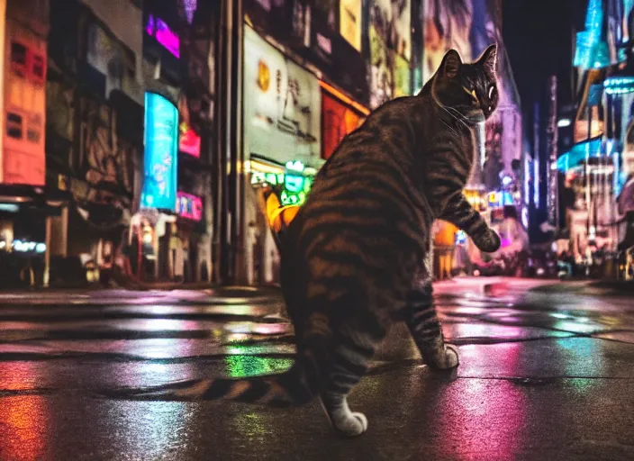 Image similar to photography of a Cat carrying a backpack . in a cyberpunk street. award winning photo, led lighting, night, 24mm, sharp, high res