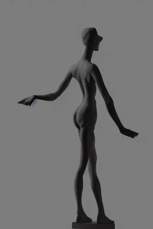 Image similar to delicate woman raising her hands looking to the sky, 3 d model statue by giacometti, intricate, highly detailed, hyper realistic, soft shadow