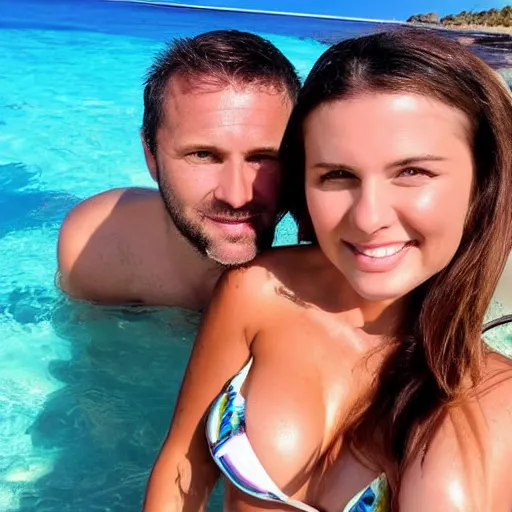 Image similar to photo of a 4 0 year old man that looks young for his age dating a very attractive 2 2 year old woman wearing a bikini.