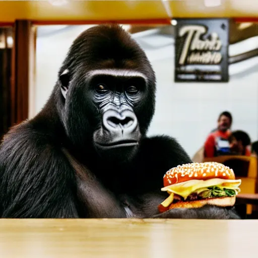 Image similar to 35mm photo of a gorilla eating a burger inside a McDonald's joint