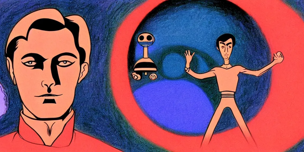 Image similar to traditional drawn colorful animation a symmetrical portrait of lonely single Alain Delon alone from 1960 60s pilot in posing in spaceship station planet captain bridge outer worlds robots extraterrestrial hyper contrast well drawn in Jean Henri Gaston Giraud animation film The Masters of Time FANTASTIC PLANET La planète sauvage animation by René Laloux