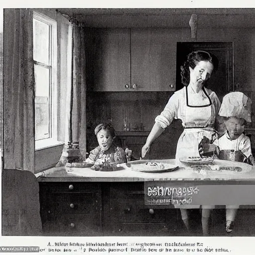 Image similar to housewife putting a hot apple pie on kitchen table, blue dress, apron, giving the middle finger to her husband, 2 children eating, artwork of norman rockwell