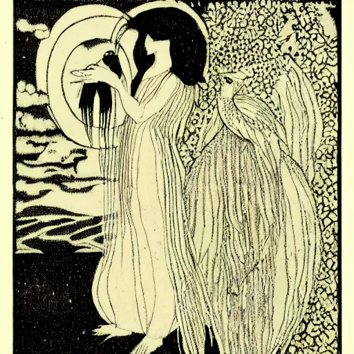 Image similar to Performance art. a woman is shown from behind, her body slightly blurred as if in motion. Her long hair cascades down her back, and she is holding a small bird in her hand. tonalism by Virginia Frances Sterrett earthy