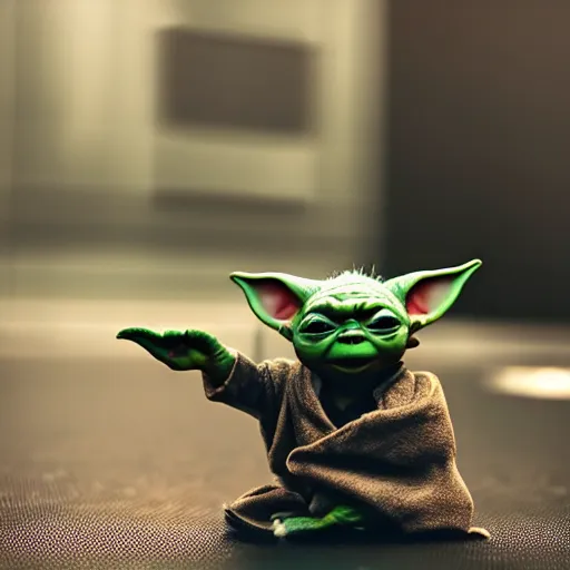 Prompt: baby yoda getting bigger, meaner and transforming into hulk, dc universe, bokeh, high quality dof