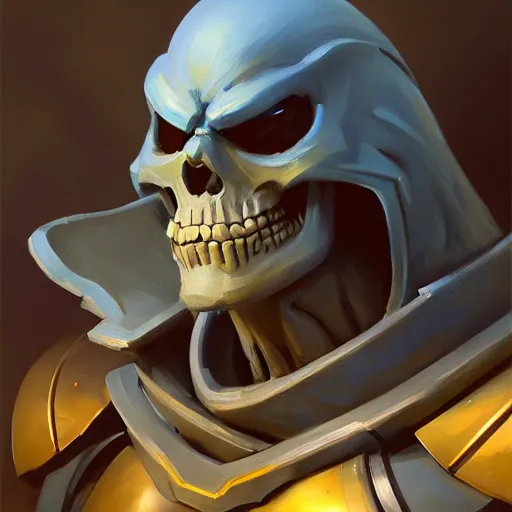 Image similar to greg manchess portrait painting of partially armored powerful skeletor overwatch character, medium shot, asymmetrical, profile picture, organic painting, sunny day, matte painting, bold shapes, hard edges, street art, trending on artstation, by huang guangjian, gil elvgren, ruan jia, greg rutkowski, gaston bussiere