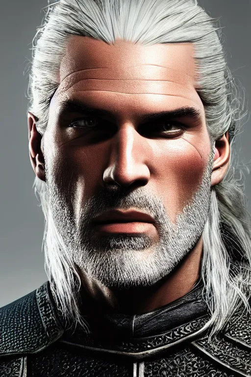 Prompt: portrait of geralt of rivia, 5 5 mm lens, professional photograph, times magazine, serious, stern look, zoomed out